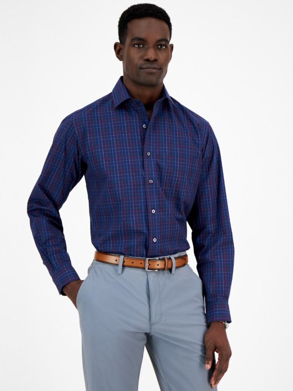 Club Room Men's Window Plaid Dress Shirt, Macy's - Navy Rust Red NWT